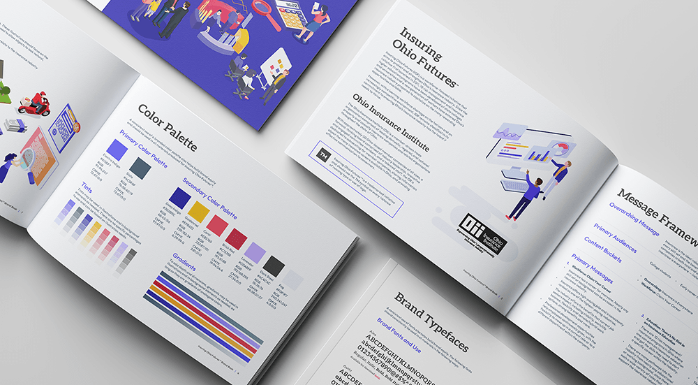 Brand guidelines booklet showing color palette, typography, and messaging framework for Ohio Insurance Institute.