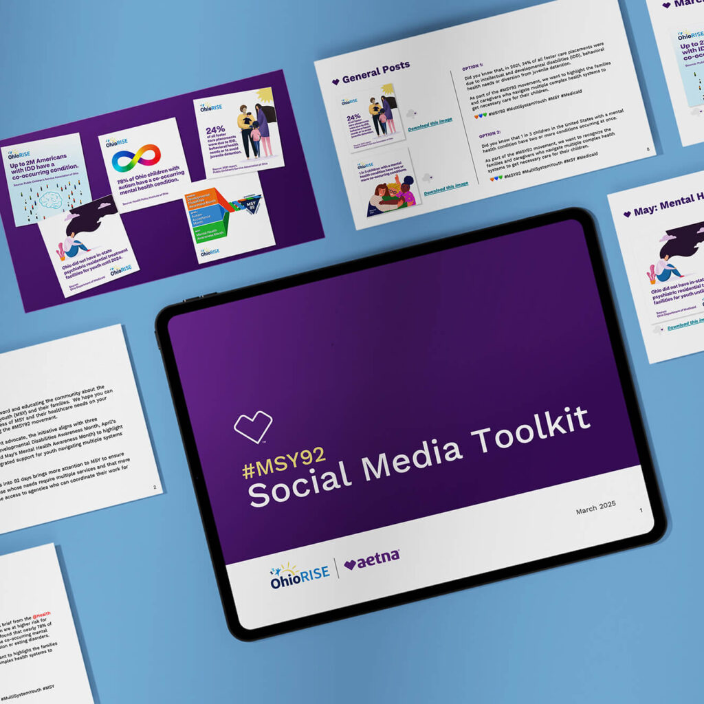 OhioRISE social media toolkit on a tablet with related campaign materials