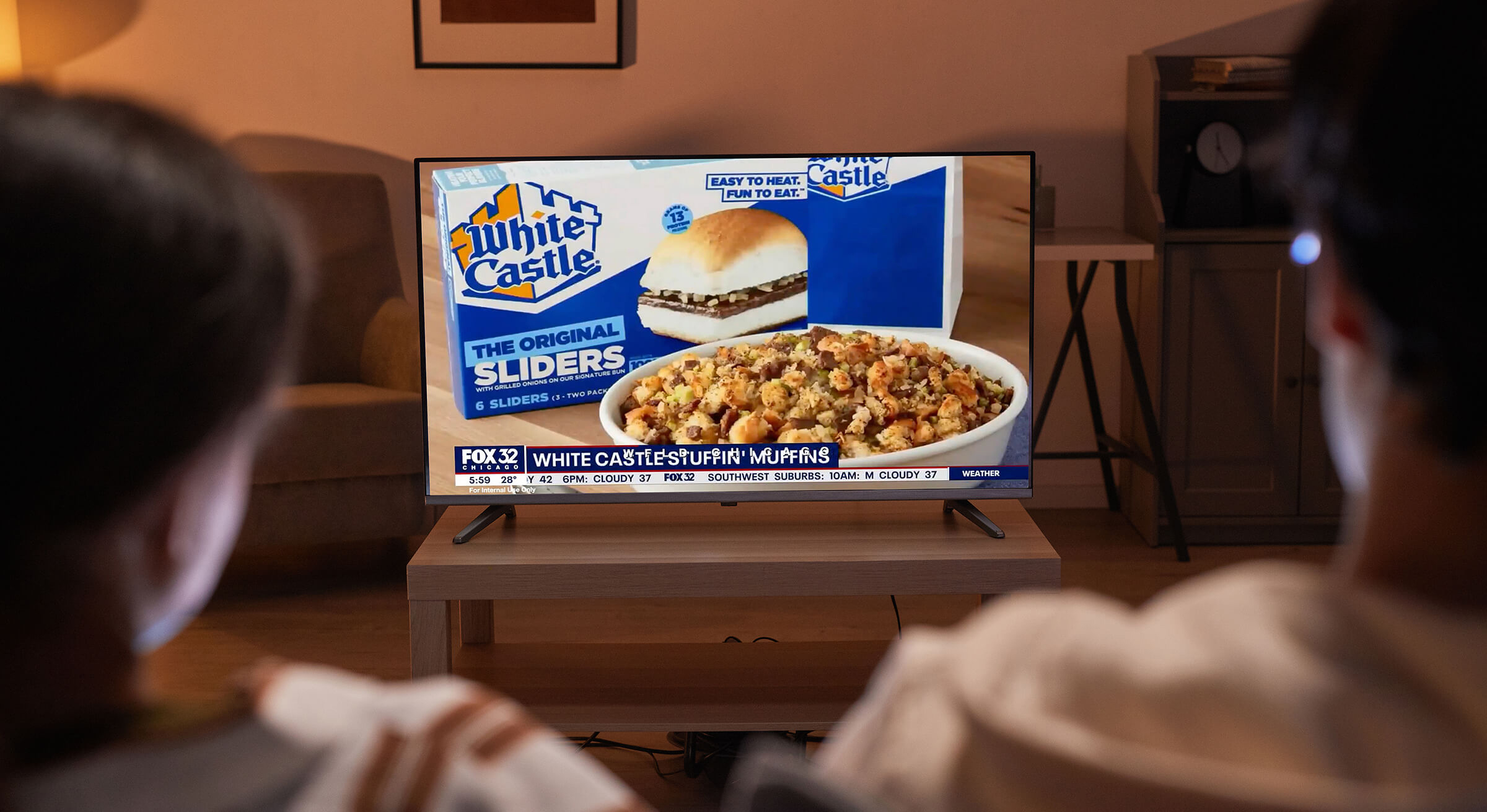 White Castle sliders and stuffing muffins featured on a TV screen