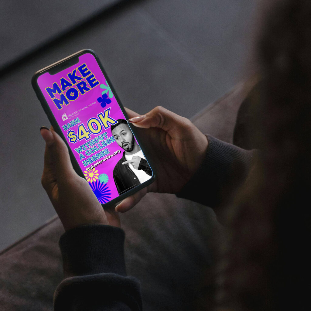Woman looking at phone screen displaying 
