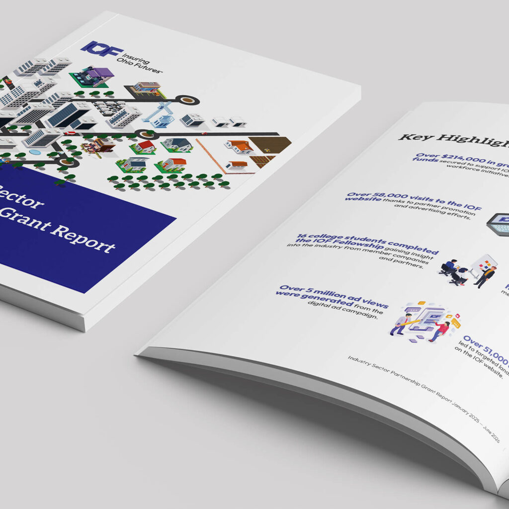 IOF Sector Grant Report cover and inside page with key highlights including visits and funds secured.